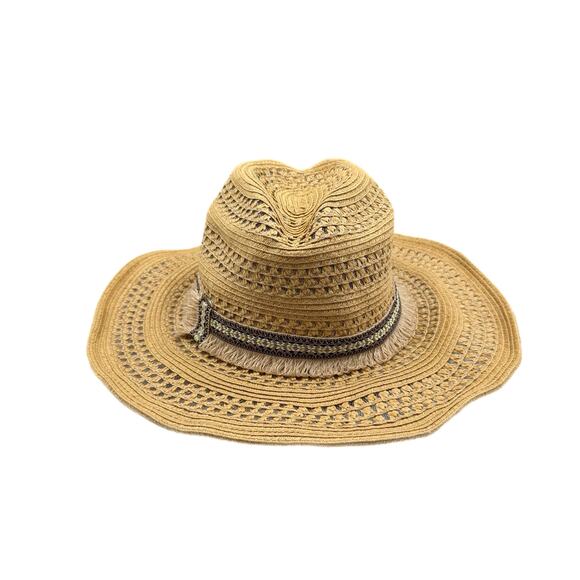 Scala OS Embroidered Fringe Tan Straw Woven Wide Brim Beach Summer Outdoors Hat main image 5